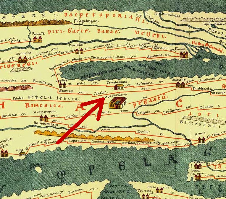 Ancient stone arches and excavated Roman thermal spa at Aquae Calidae