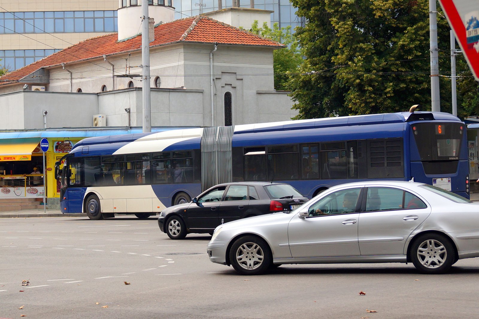 Modern blue and white electric low-floor municipal bus of BurgasBus network